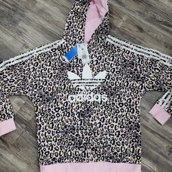 New Adidas pink Cheetah Hooded sweatshirt. Yth XL. Fits women's S/M