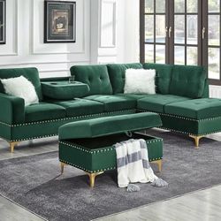 Green Sectional L Shape With Ottoman Optional