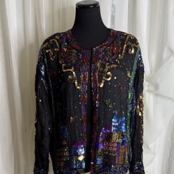 Sequined TOGETHER Open Front Jacket, size L.  Has one hook and eye closure at the neckline.  Measurements:  24” from armpit to armpit lying flat on on