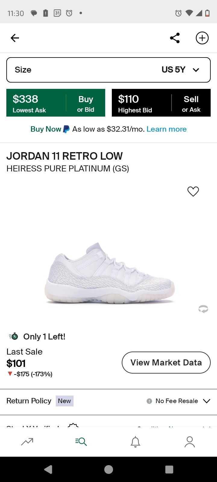 Jordan 11 Heiress Pure Platinum Size 5