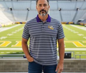 NEW LSU Tigers Collegiate Polo Shirt Men’s XL purple striped Tiger Eye Logo NWT