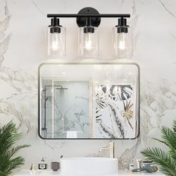 Matte Black Modern Vanity Light Over Mirror with Clear Glass Shade