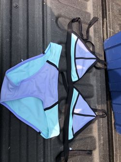 Xhilaration Bikini Bathing suit, top size D/DD, bottoms size medium, purple, black, and teal