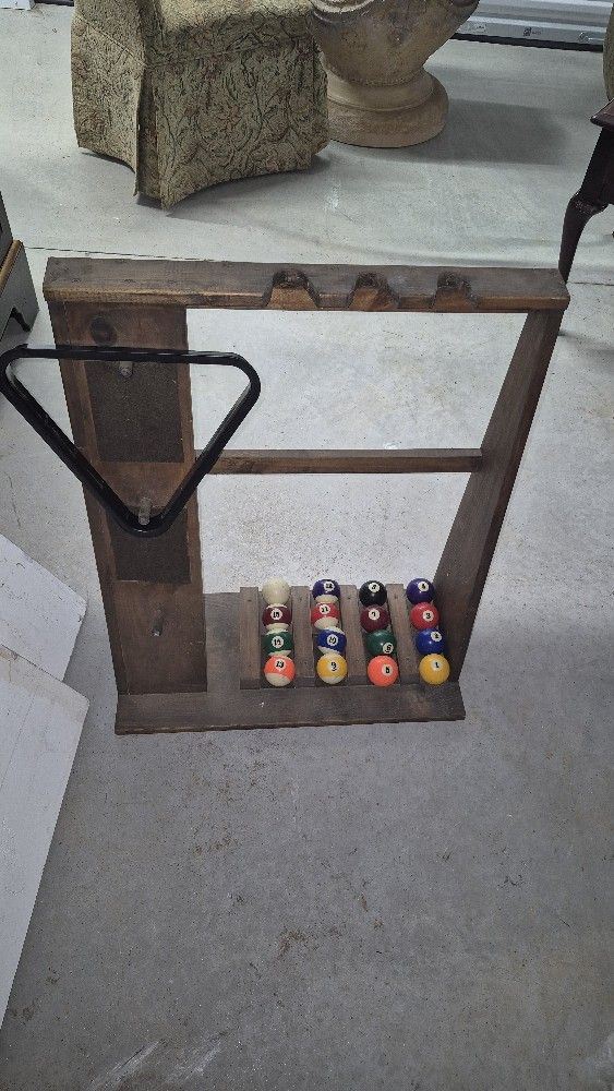 Stand for Billiard Pool Sticks and Set of Billard Pool Balls