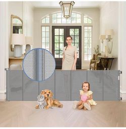 33” Tall x 90” Wide Gray Extra Wide Retractable Baby and Pet Gate - New