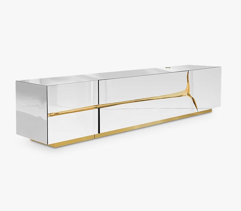 70” NEW DESIGN TV STAND MIRRORED WIYH GOLD DETAILS