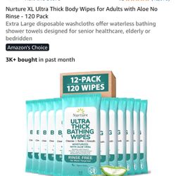 Nurture XL Ultra Thick Body Wipes for Adults with Aloe No Rinse - 120 Pack Extra Large disposable washcloths offer waterless bathing shower towels des