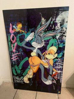 Designer Collection glass wall art of Bugs Bunny and Lola  Size 43” x 27.5”   Perfect condition, picture is made of all glass , mounting tools are on 