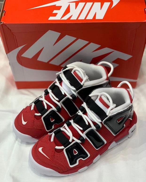 Nike Air More Uptempo Bulls Hoops Pack Leather Pippen Bulls Non-Slip Shock Absorption High Top Basketball Shoes Unisex Black Red
