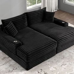 Brand New Black Super Plush Corduroy Double Chaise Sofa 