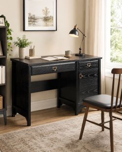 Modern Black Home Office Desk with Storage Drawers, Wood Grain Computer Writing Table for Bedroom or Office