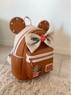BRAND NEW Loungefly Fall Floral Mini Backpack, Mickey Ears with bow, Faux Leather