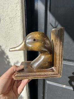Vintage Carved Wooden Duck Head Bookends Mid Century Modern bird book ends Wood Brass Collectible Antique Signed Statement  Centerpiece For Bookshelf 