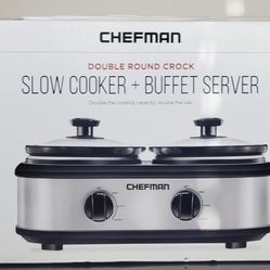 Chefman Double Round Crock Slow Cooker + Buffet Server New