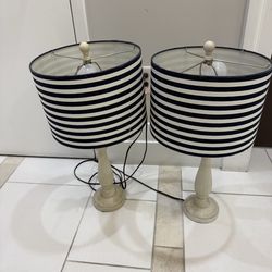 Black and White Striped Lampshade Table lamp with wooden stand x2