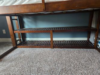 Twin Wooden Loft Bed with Guardrails & 2 Storage Shelves – No Mattress