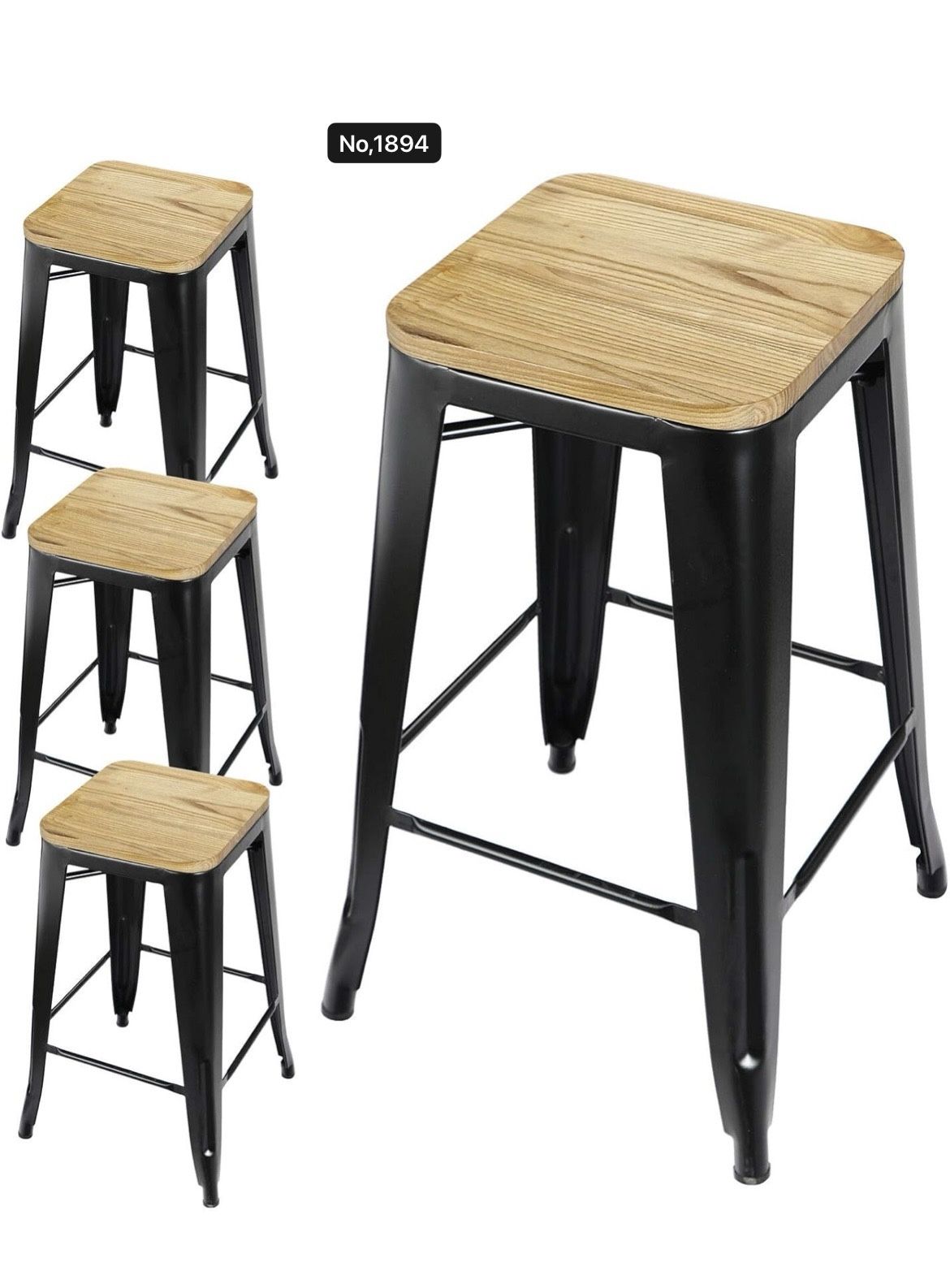 Bar Stools Set of 6 Metal Bar Stool Counter Height Bar Stools , Modern 24" Bar Chairs Without Back,Wooden Seat Bar Stool Counter Height,Black
