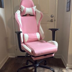 Gaming Chair - Pink & White with Lumbar Support and Pullout Legrest 