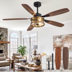 Fanbulous Farmhouse Ceiling Fan with Light and Remote, 52" Black Rustic Flush Mount Ceiling Fans for Bedroom Living Room, Industrial Caged Ceiling Fan