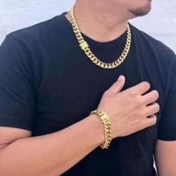 14MM X 20 inches Cuban Set 14K Gold Plated Doesn't Loses Color