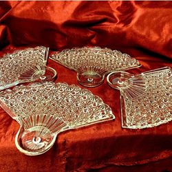 4 Crystal Snack Plates Anchor Hocking Daisy Button Glass Dishes