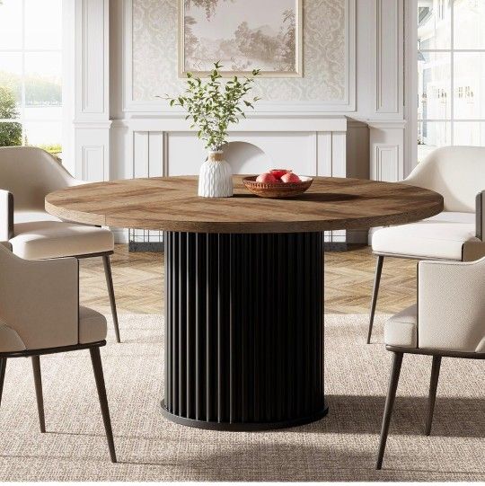 47.24-Inch Black Round Dining Table for 4-6 People, Modern Fluted MDF + Metal Base Kitchen Table, Sturdy Circle Dining Room Furniture, Brown + Black