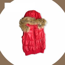 INC International Concepts Red Puffer Winter Vest w Zip Off Faux Fur Hood Wm L