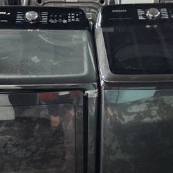 Samsung 5.2 Cu. Ft. Large Capacity Smart Top Load Washer and 7.4 Cu. Ft. Smart Electric Dryer Laundry Pair in Black Brush.