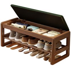 Shoe Rack Bench with Leather Cushion,2 Tiers Shoe Bench with Flip-Top Storage,Wood Shoe Rackh for Entryway,Hallway（Green,31.5"）