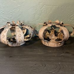 2 Vintage Distressed Rustic Metal Crowns. Great Decor. Pre Owned w/ Patina.
