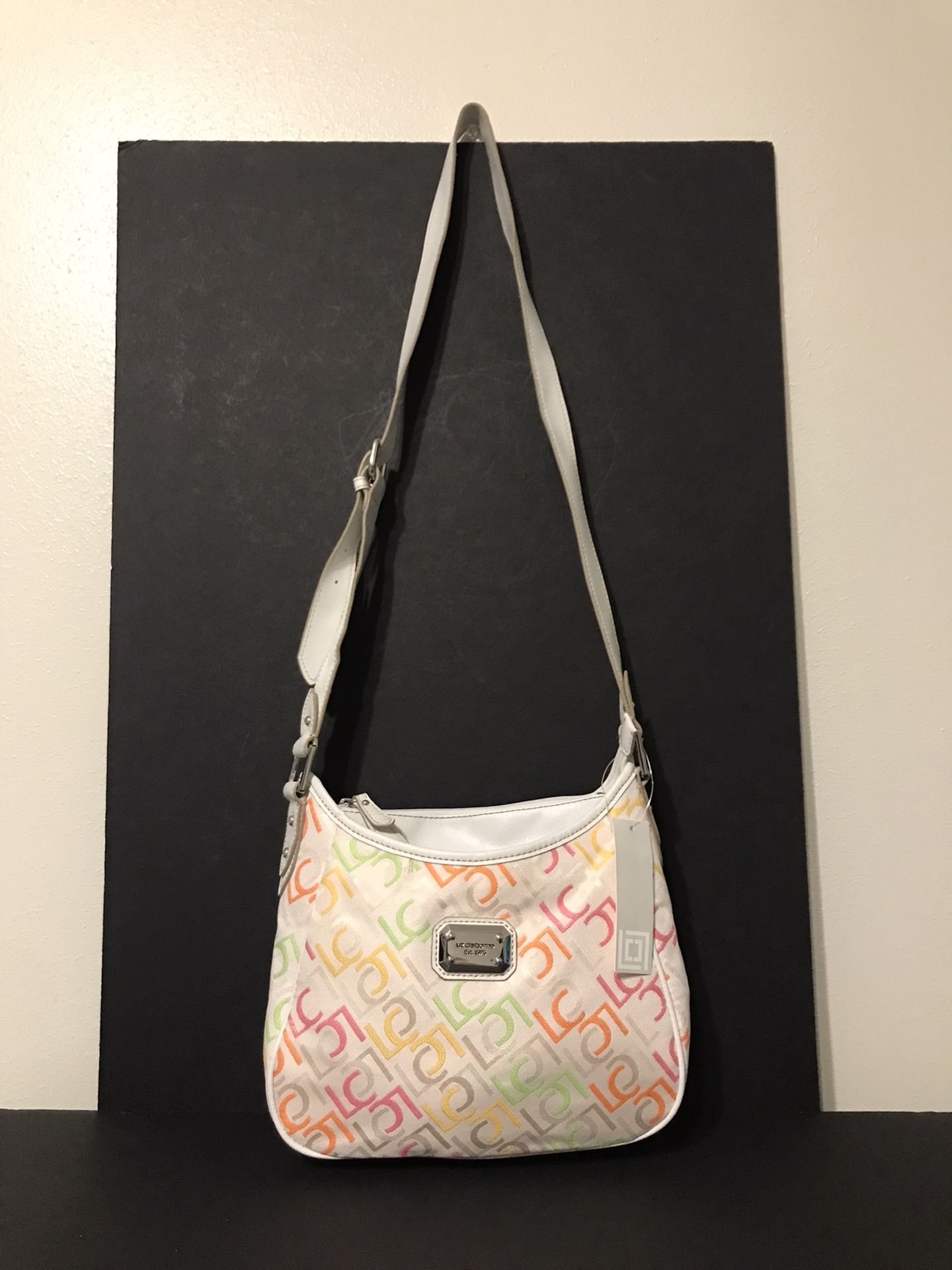 Liz Claiborne Retired White Leather & Multicolor Logo Design Crossbody Purse NWT