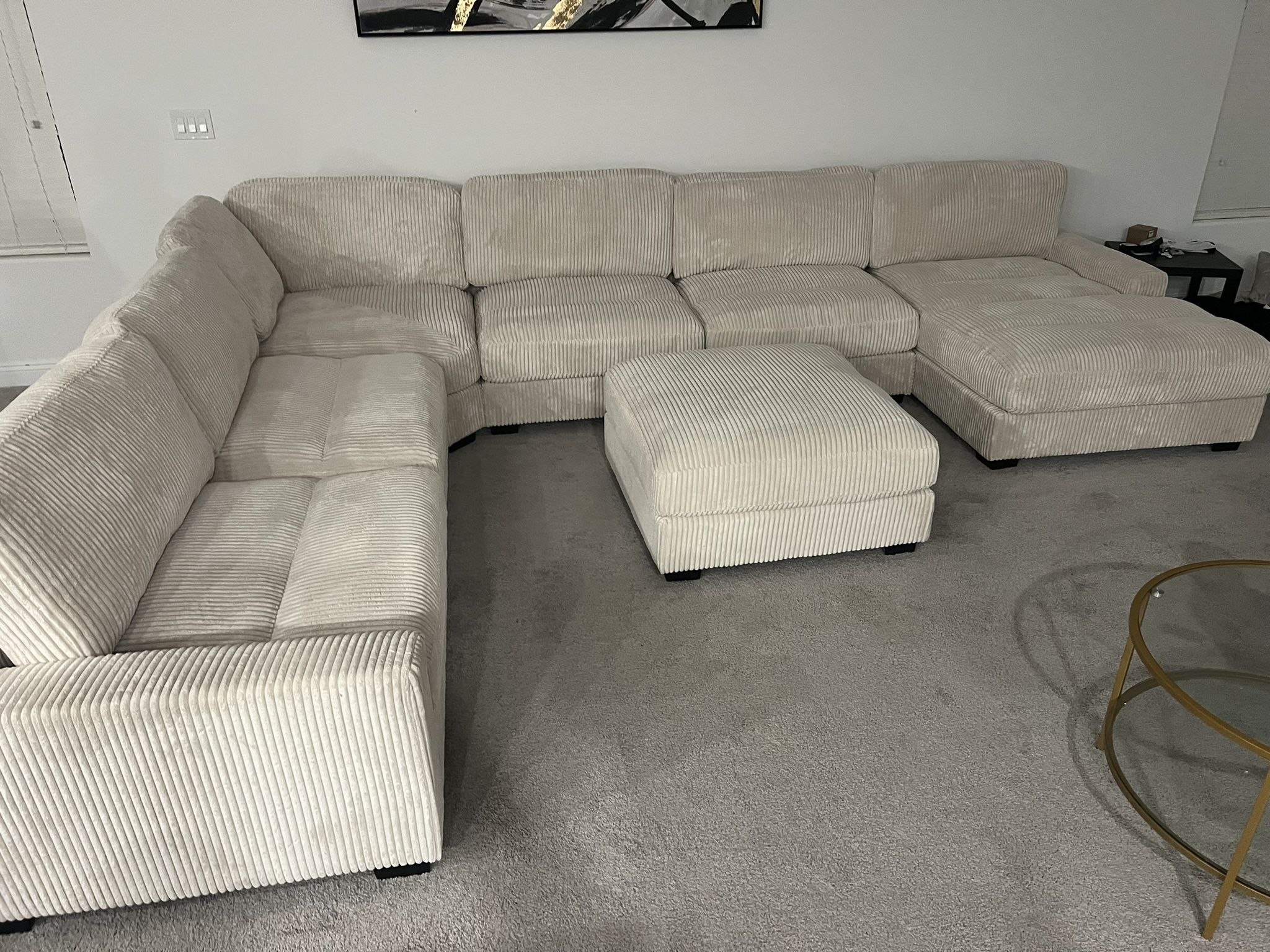 New Corduroy Fabric 7 Piece Modular Sectional. Off White / Beige. 127” X 164” X 66”. Free Delivery!