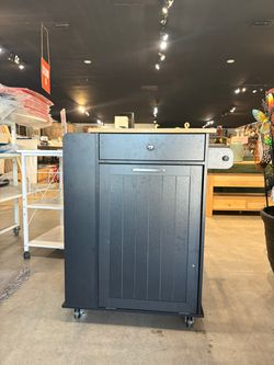 23”Rolling Kitchen Cart with Drawer & Cabinet Storage Trash Bin Black/Oak