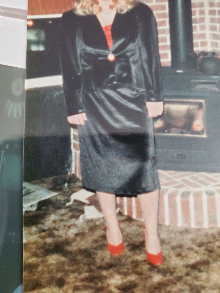 Black velvet jacket and skirt with with red silk camisole