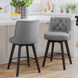 Grey Leather Swivel Barstool Set  Of 2 