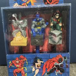 DC Super Heroes Pen Party Set. STEEL, BATMAN, ROBIN - Pen Toppers 1995 New/box 