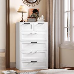 Dresser for Bedroom, White Dresser, Tall Dresser with 6 Drawers, Trapezoidal Design Chest of Drawers