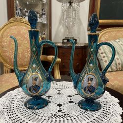 Pair of Beautiful 19th. C. Persian Enameled Gilt Cobalt Glass Decanter 1940’s🌷