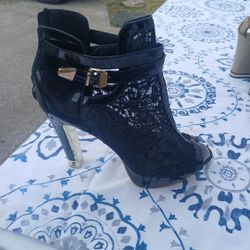 Black Stripper Style Heels Floral Black Lace Pattern