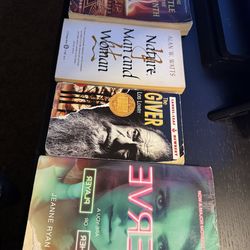 Books (Nerve, The Giver, Nature Man and Woman, and Percy Jackson)