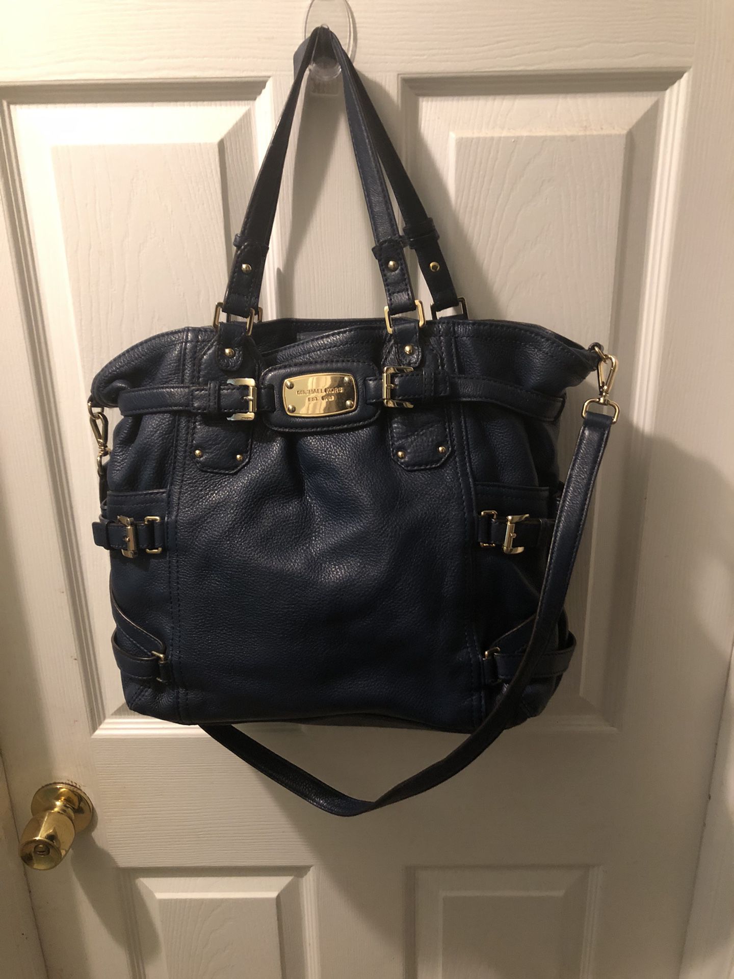 Navy Blue Large  Leather Michael Kors Purse Good Condition Lots Of Gold Tone Metal  2 Type Of Handles 