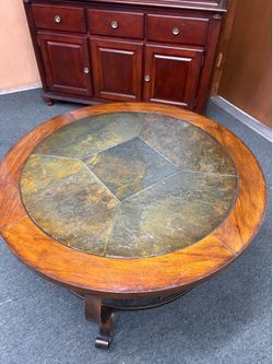 42” Round Slate Top Coffee Table – Iron Base with Storage Shelf