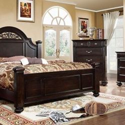 Brand New Dark Walnut 4pc Queen Bedroom Set (Available In California & Eastern King)
