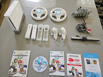 White Nintendo Wii Console, Accessories, & Mario Kart Game