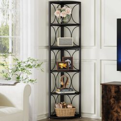 6-Tier Corner Shelf, 67" Corner Bookshelf Shelving Unit. Color-Black