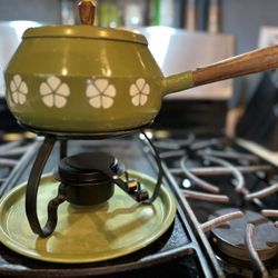 Vintage Avocado Green Fondue Pot Set (with Stand + Burner)
