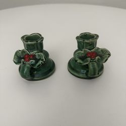 Vintage Cottage Farmhouse Ceramic Christmas Holly Candlesticks Holder