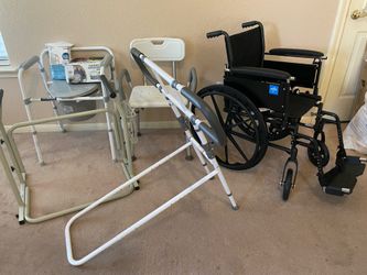 New: wheelchair(self propel type also), sturdy extendable bed rail, bedside commode with commode liners and commode absorbent pads, shower chair, over