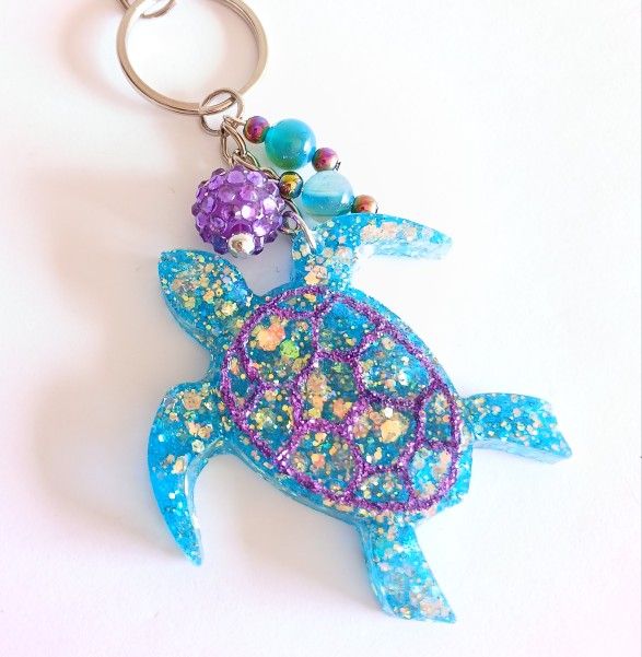 Teal blue purple glitter turtle keychain purse charm with agate beads new handmade