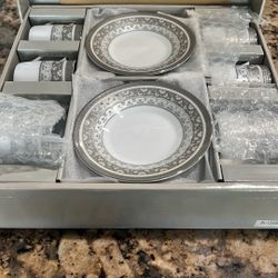 Silver and White Design Tea Set, 6 Cups and Saucers